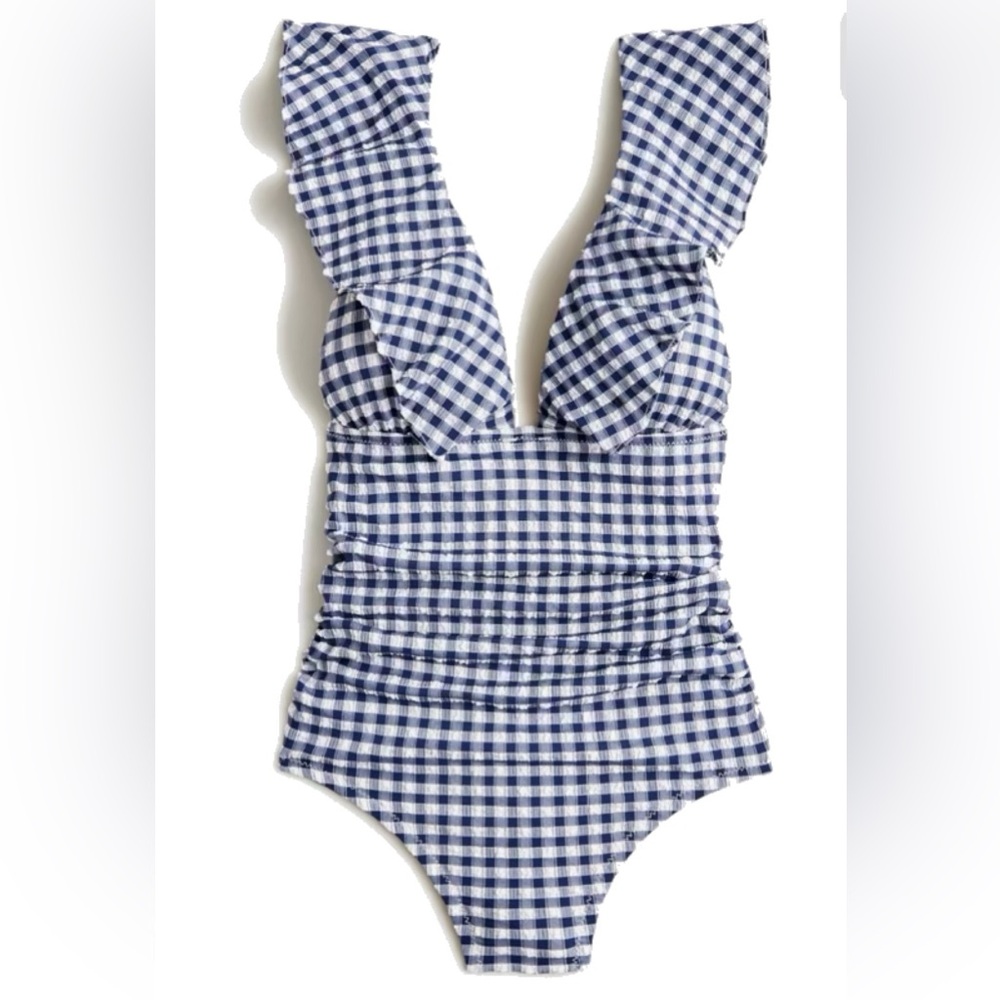 J.Crew Ruched Ruffle One-Piece Swimsuit in Navy Ivory Gingham sz 0
